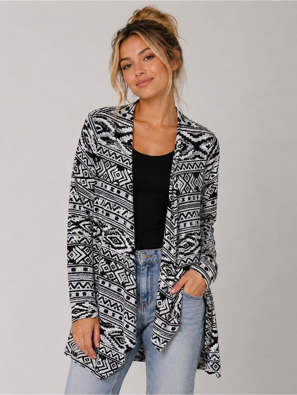 American Eagle Black White Aztec Open Front Cardigan Small